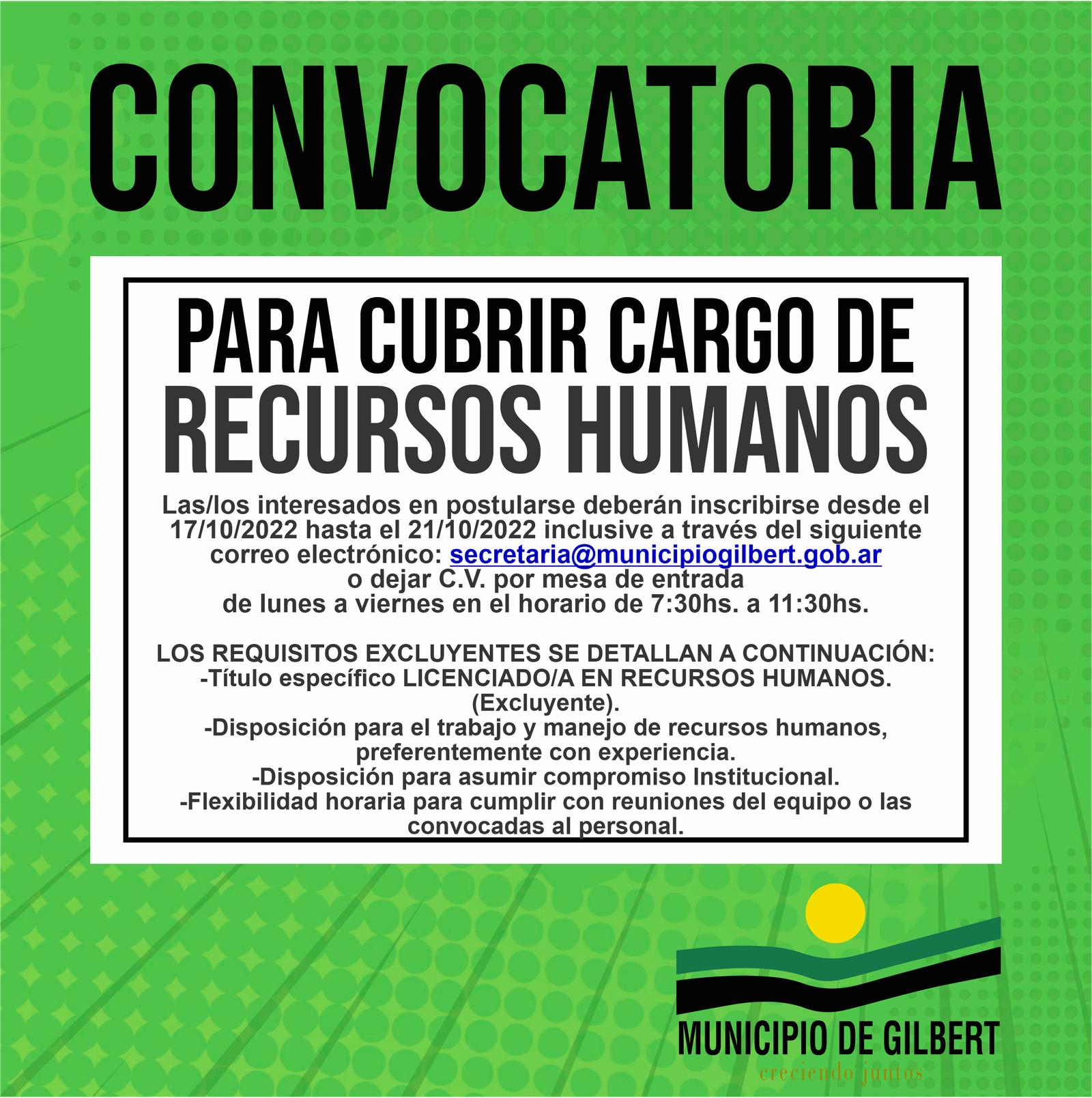 CONVOCATORIA PARA CUBRIR CARGO DE RECURSOS HUMANOS