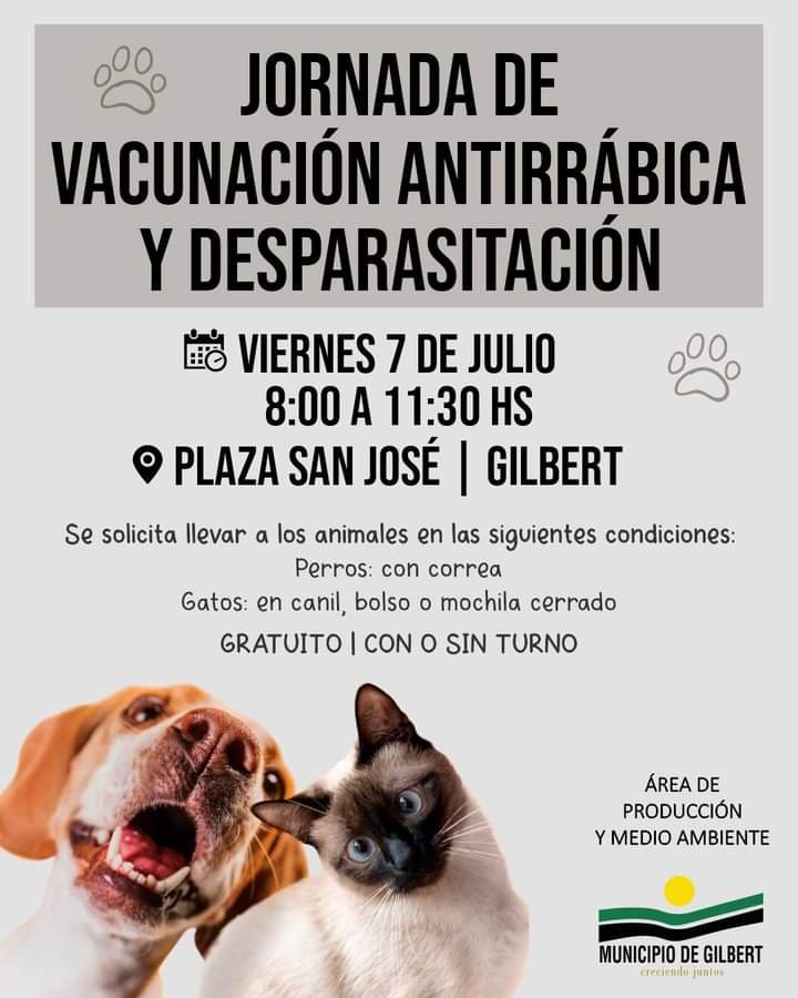 NUEVA JORNADA GRATUITA DE VACUNACIÓN ANTIRRÁBICA Y DESPARASITACIÓN DE CANINOS Y FELINOS EN GILBERT