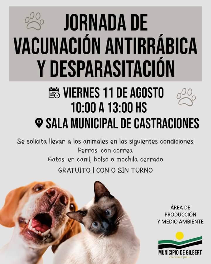 NUEVA JORNADA GRATUITA DE VACUNACIÓN ANTIRRÁBICA Y DESPARASITACIÓN DE CANINOS Y FELINOS